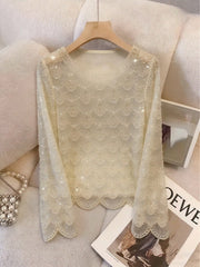 Women's Handmade Faux Pearl Tassel Semi-Sheer Blouse