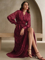 Elegant Floral V-Neck Lantern Sleeve Waist Cinched Dress