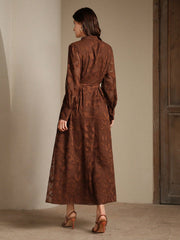Elegant Floral V-Neck Lantern Sleeve Waist Cinched Dress