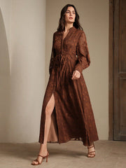 Elegant Floral V-Neck Lantern Sleeve Waist Cinched Dress