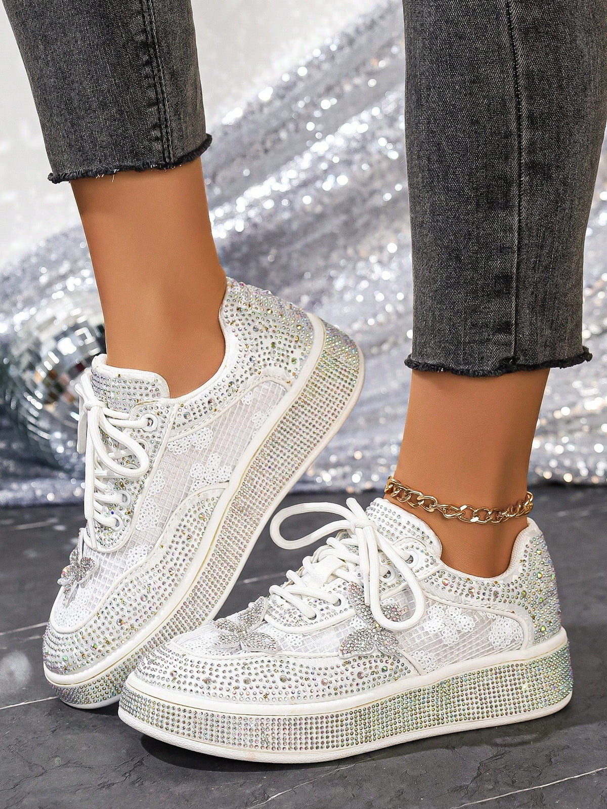 Comfortable Ultra-Light Fully Rhinestoned White Sneakers
