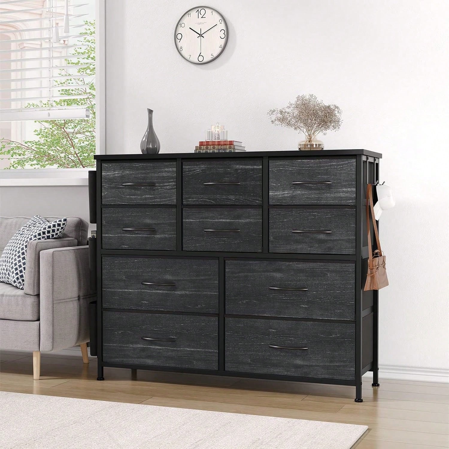 10 Drawer Fabric Storage Cabinet With Side Pockets & Hooks