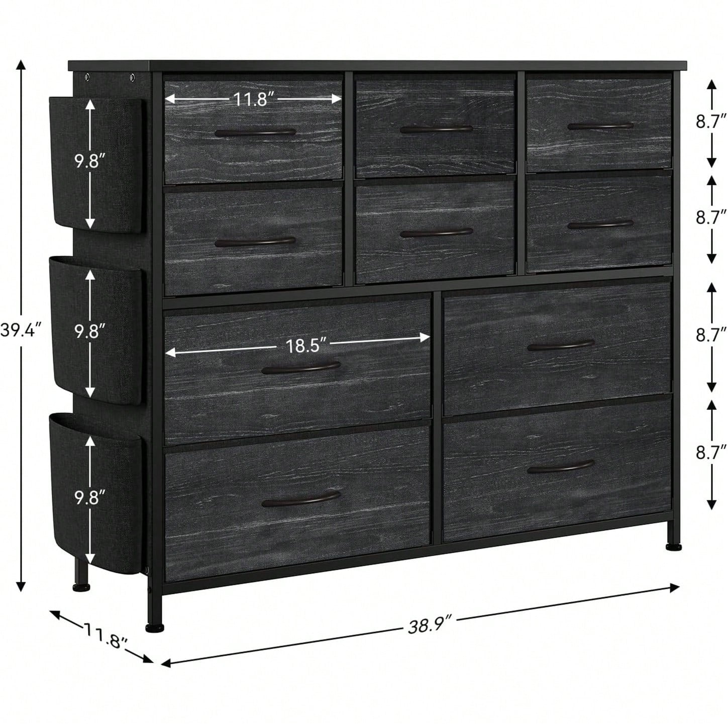 10 Drawer Fabric Storage Cabinet With Side Pockets & Hooks