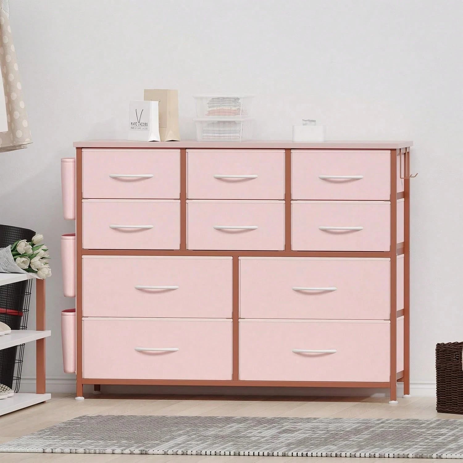 10 Drawer Fabric Storage Cabinet With Side Pockets & Hooks
